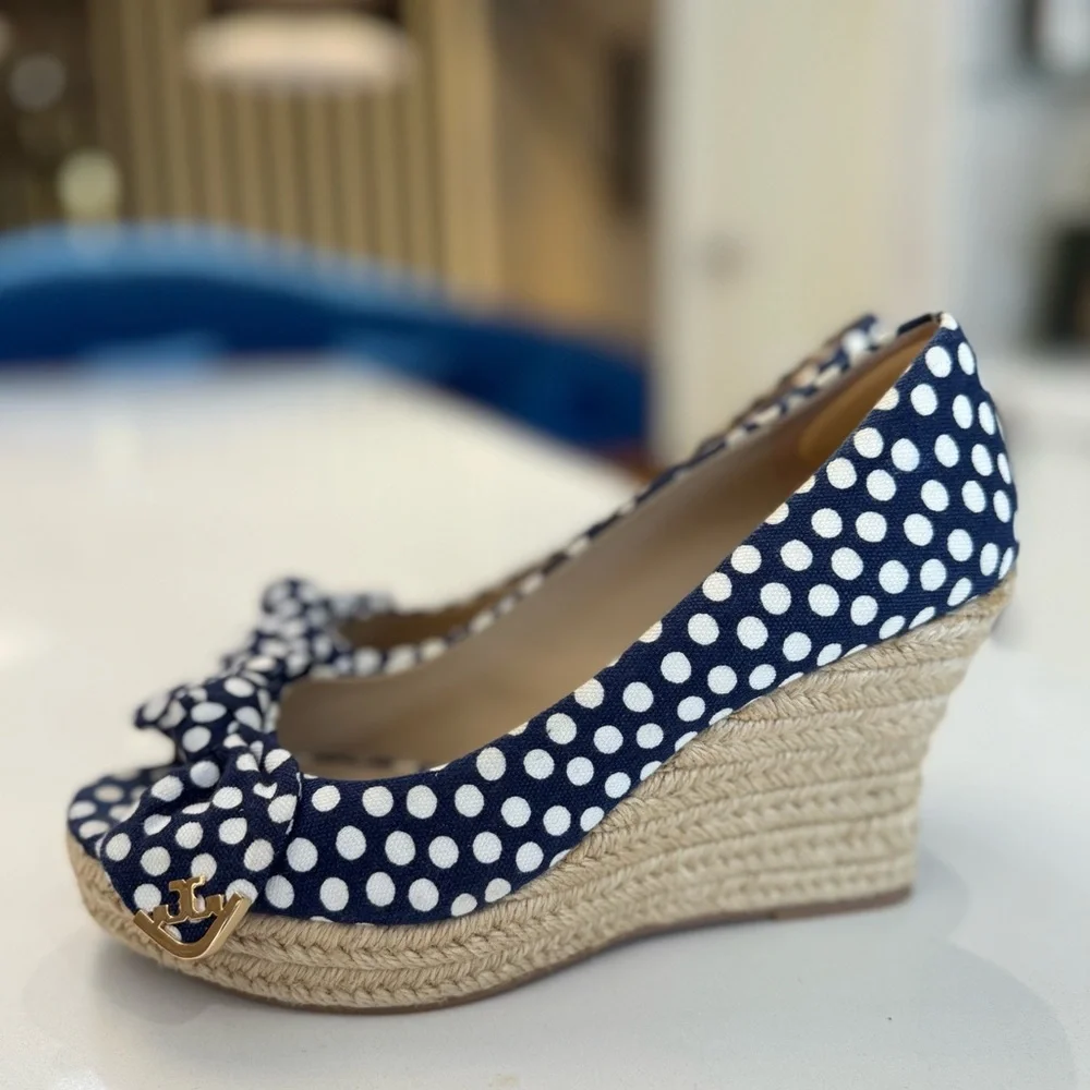 Tory Burch Dory 85MM Peep Toe Espadrille-Polka Dot Canvas, Size 7.5, GENTLY WORN